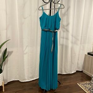 Beautiful teal maxi dress with gold belt